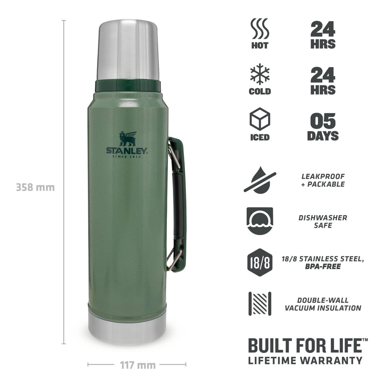 Stanley Classic Flask 1.0L Hammertone Green